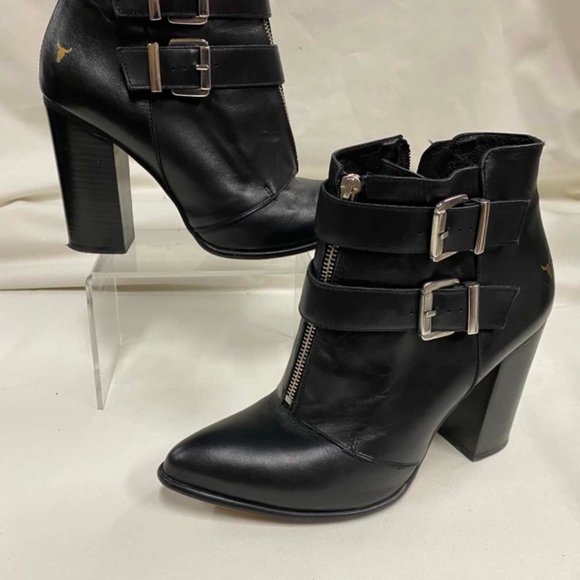 WINDSOR SMITH Black Leather Buckle High Heeled Ankle Boots - Picture 5 of 9